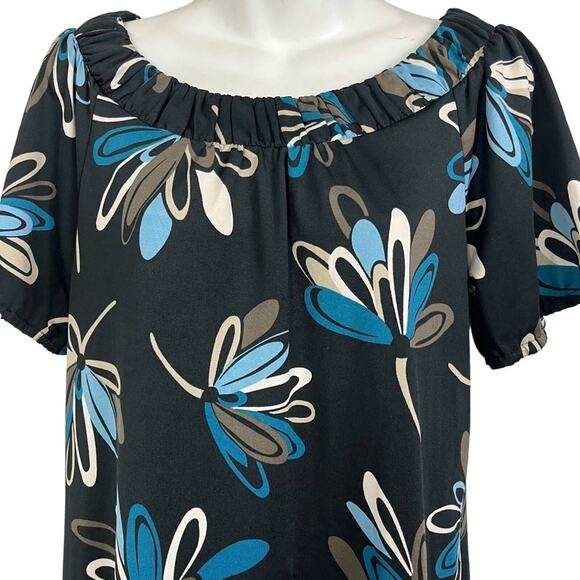 Ann Taylor Loft Blue Black Floral Shift Style Jersey Knit Stretch Dress sz Small - Picture 2 of 16